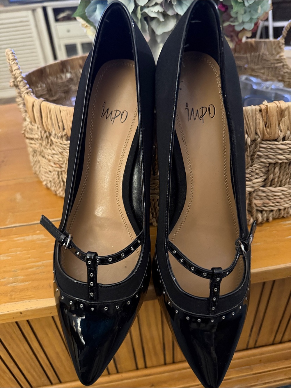 Impo Black Pointed T-Strap Studded Heels